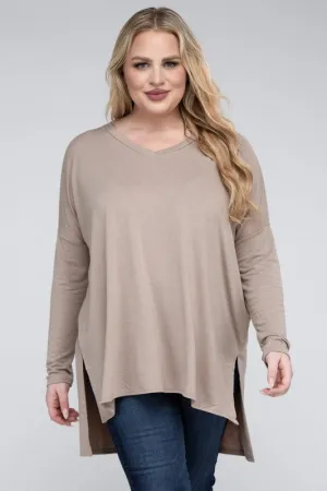 ZENANA Plus Dolman Sleeve V-Neck Side Slit Hi-Low Hem Top