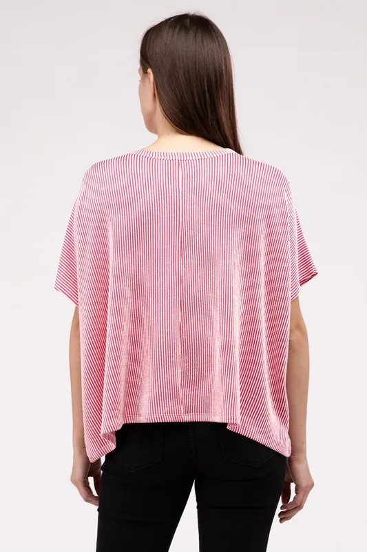 ZENANA Ribbed Striped Oversized Short Sleeve Top
