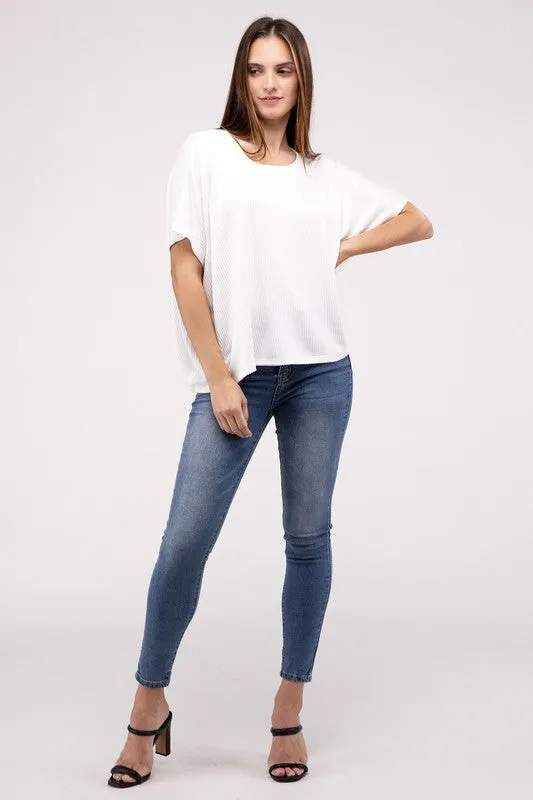 ZENANA Ribbed Striped Oversized Short Sleeve Top