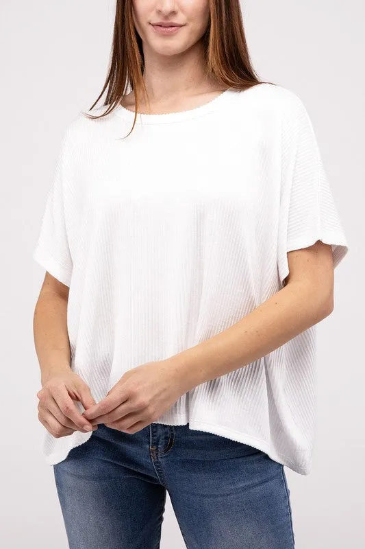 ZENANA Ribbed Striped Oversized Short Sleeve Top