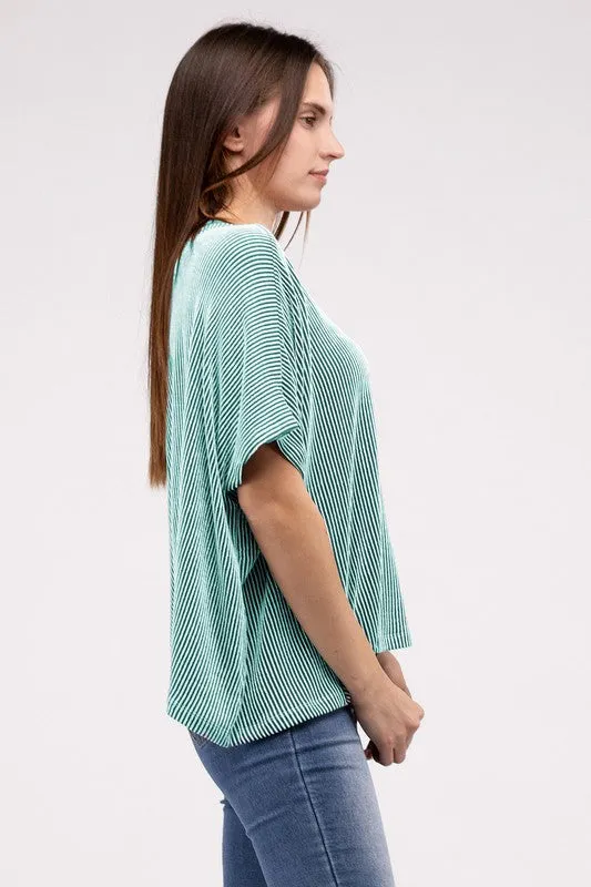 ZENANA Ribbed Striped Oversized Short Sleeve Top