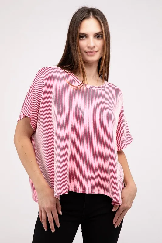ZENANA Ribbed Striped Oversized Short Sleeve Top