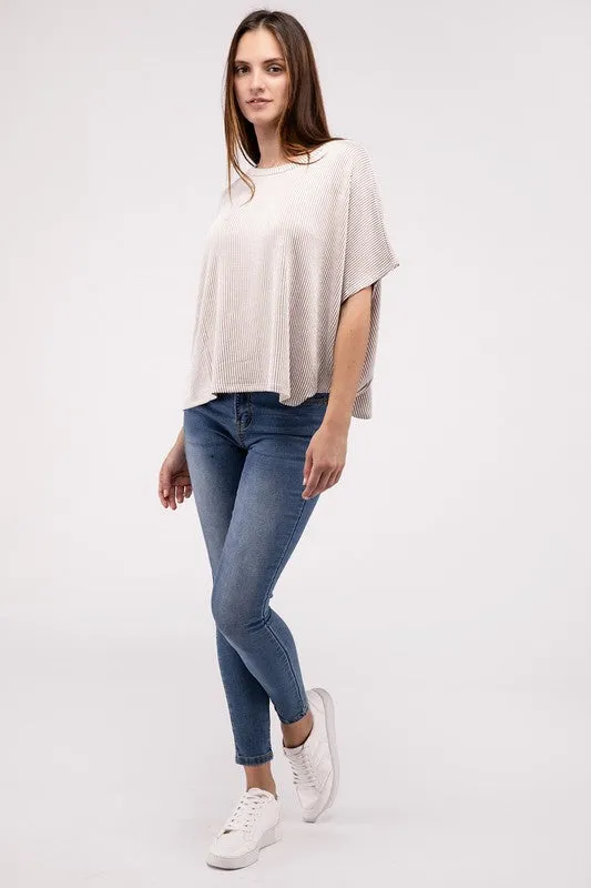 ZENANA Ribbed Striped Oversized Short Sleeve Top