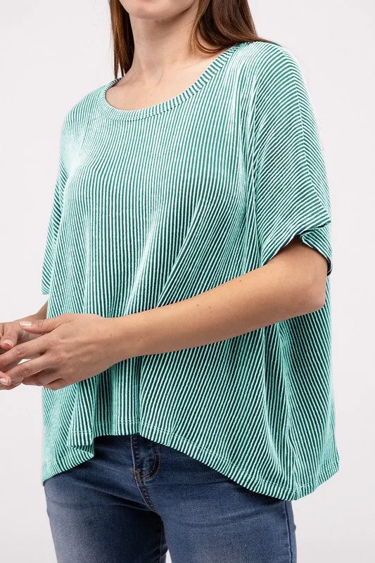 ZENANA Ribbed Striped Oversized Short Sleeve Top