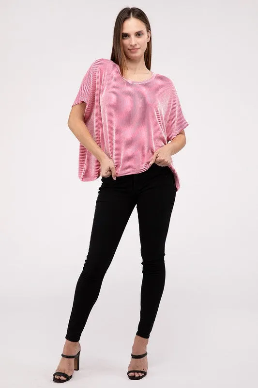 ZENANA Ribbed Striped Oversized Short Sleeve Top