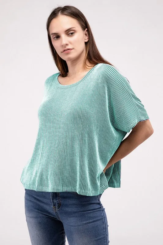 ZENANA Ribbed Striped Oversized Short Sleeve Top
