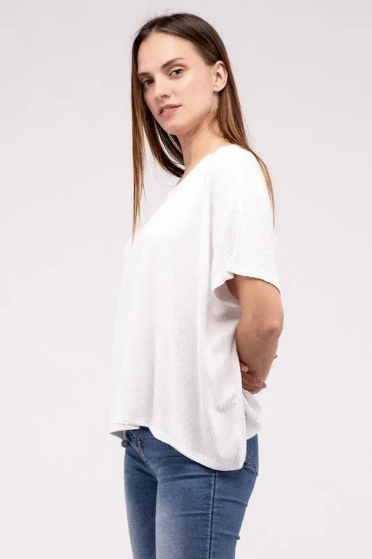 ZENANA Ribbed Striped Oversized Short Sleeve Top