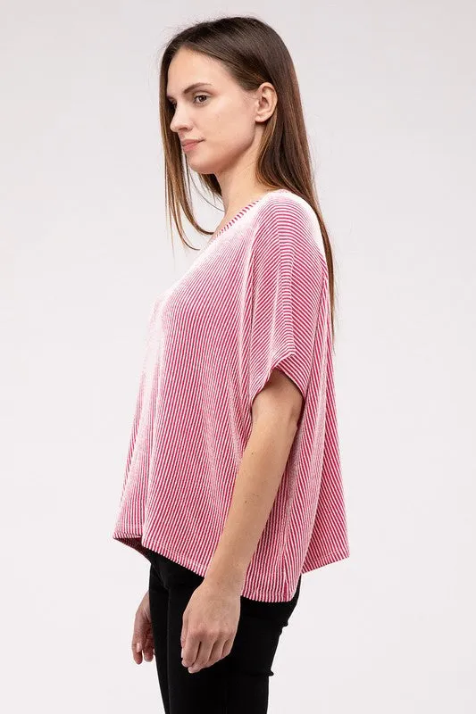 ZENANA Ribbed Striped Oversized Short Sleeve Top