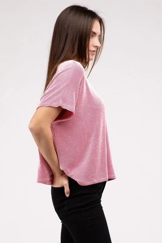 ZENANA Ribbed Striped Oversized Short Sleeve Top