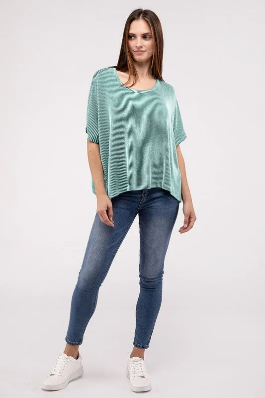 ZENANA Ribbed Striped Oversized Short Sleeve Top