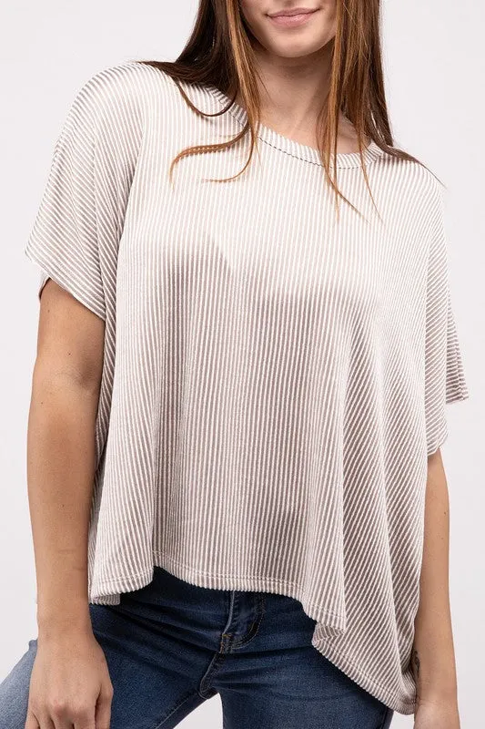 ZENANA Ribbed Striped Oversized Short Sleeve Top