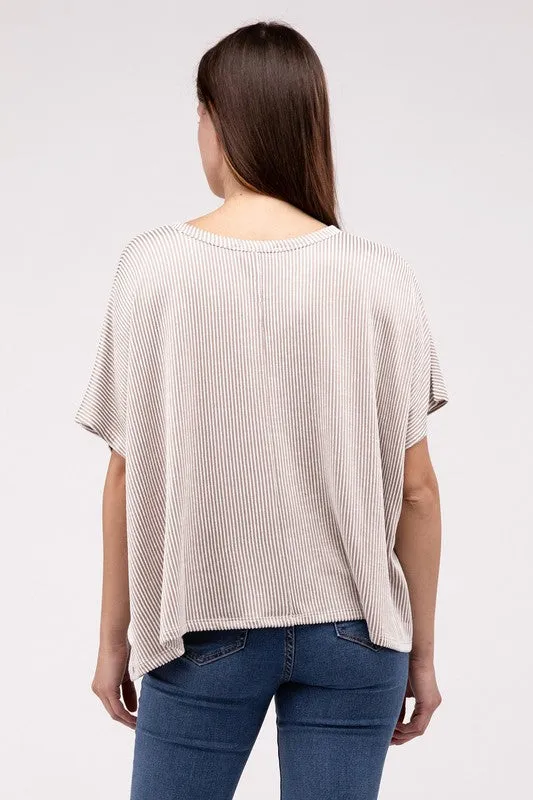 ZENANA Ribbed Striped Oversized Short Sleeve Top