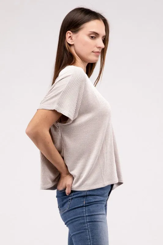 ZENANA Ribbed Striped Oversized Short Sleeve Top