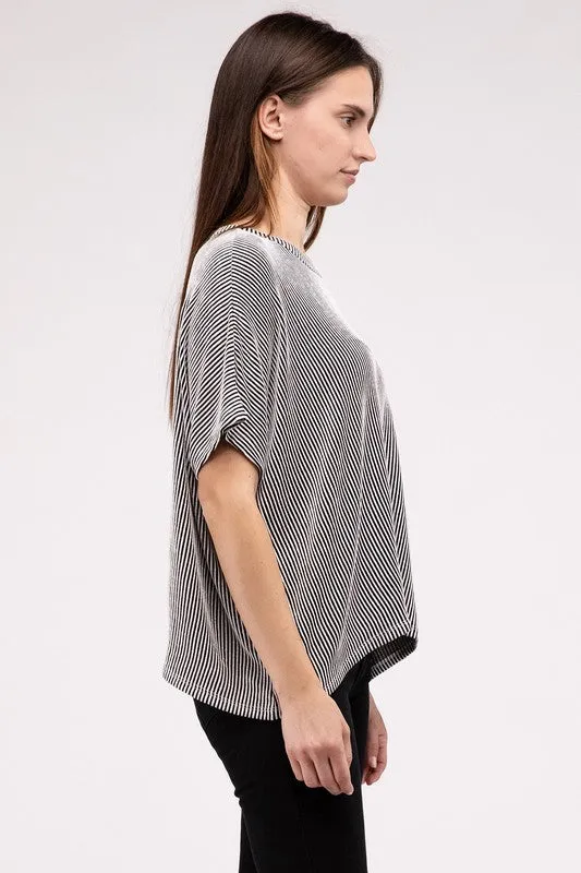 ZENANA Ribbed Striped Oversized Short Sleeve Top