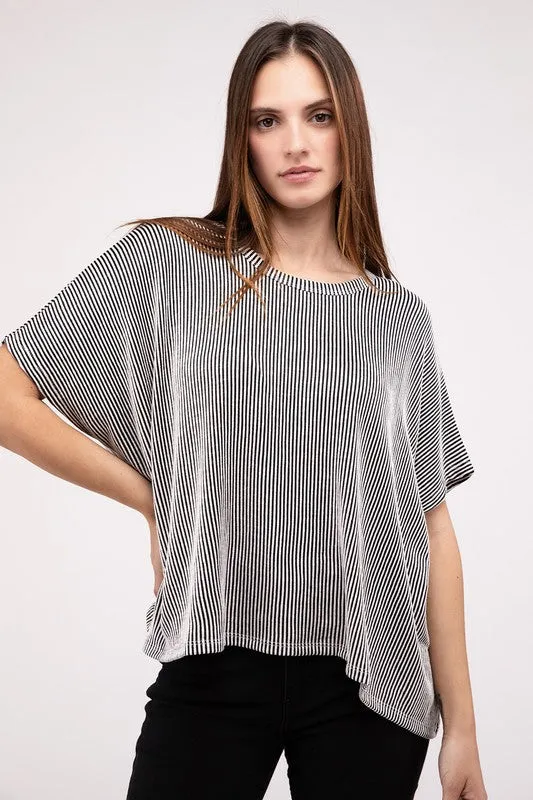 ZENANA Ribbed Striped Oversized Short Sleeve Top