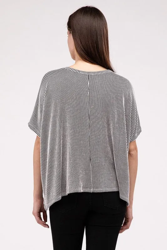 ZENANA Ribbed Striped Oversized Short Sleeve Top