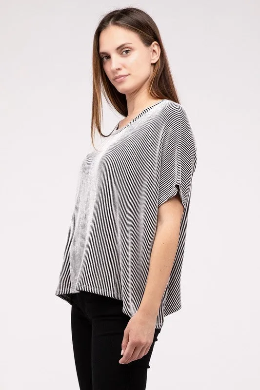 ZENANA Ribbed Striped Oversized Short Sleeve Top