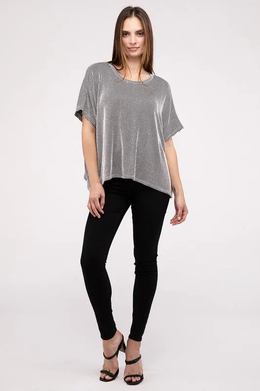 ZENANA Ribbed Striped Oversized Short Sleeve Top