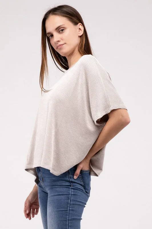 ZENANA Ribbed Striped Oversized Short Sleeve Top
