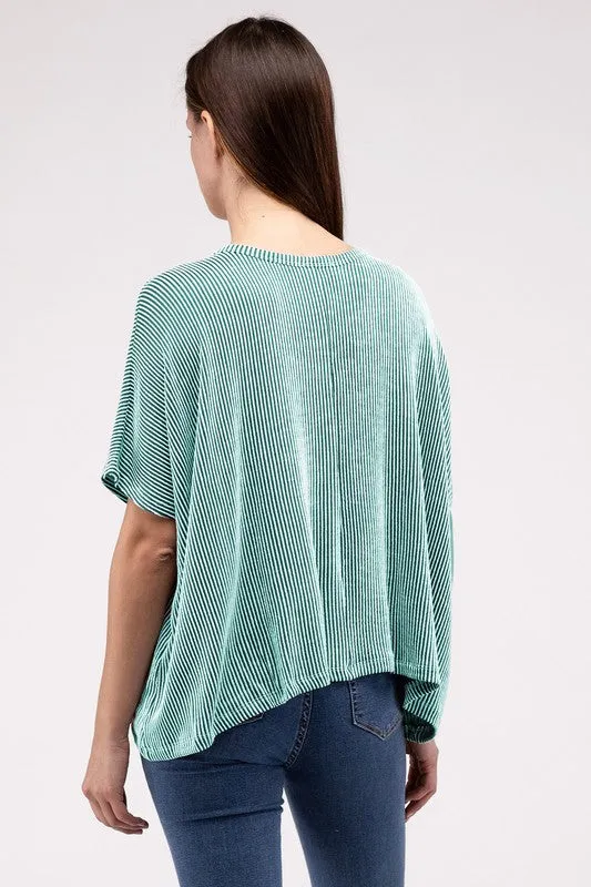 ZENANA Ribbed Striped Oversized Short Sleeve Top