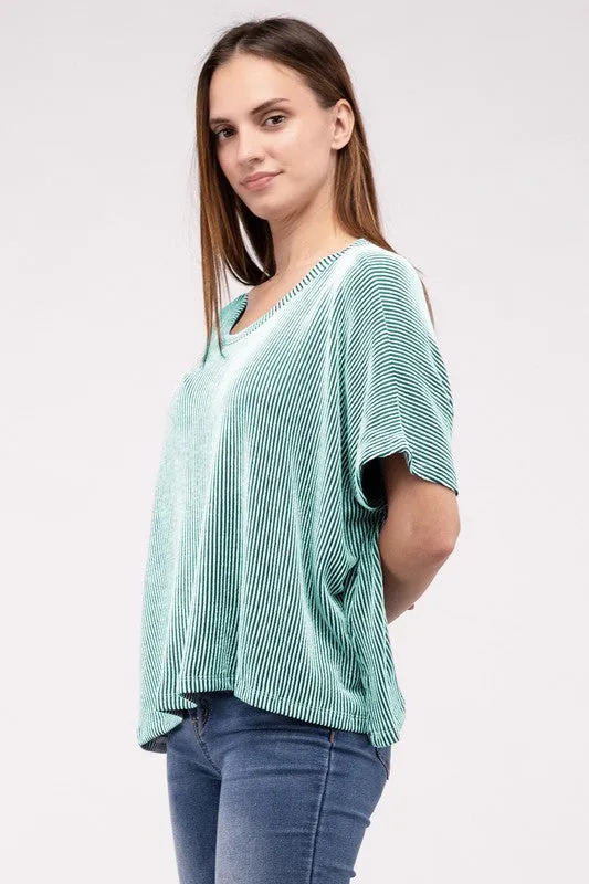 ZENANA Ribbed Striped Oversized Short Sleeve Top
