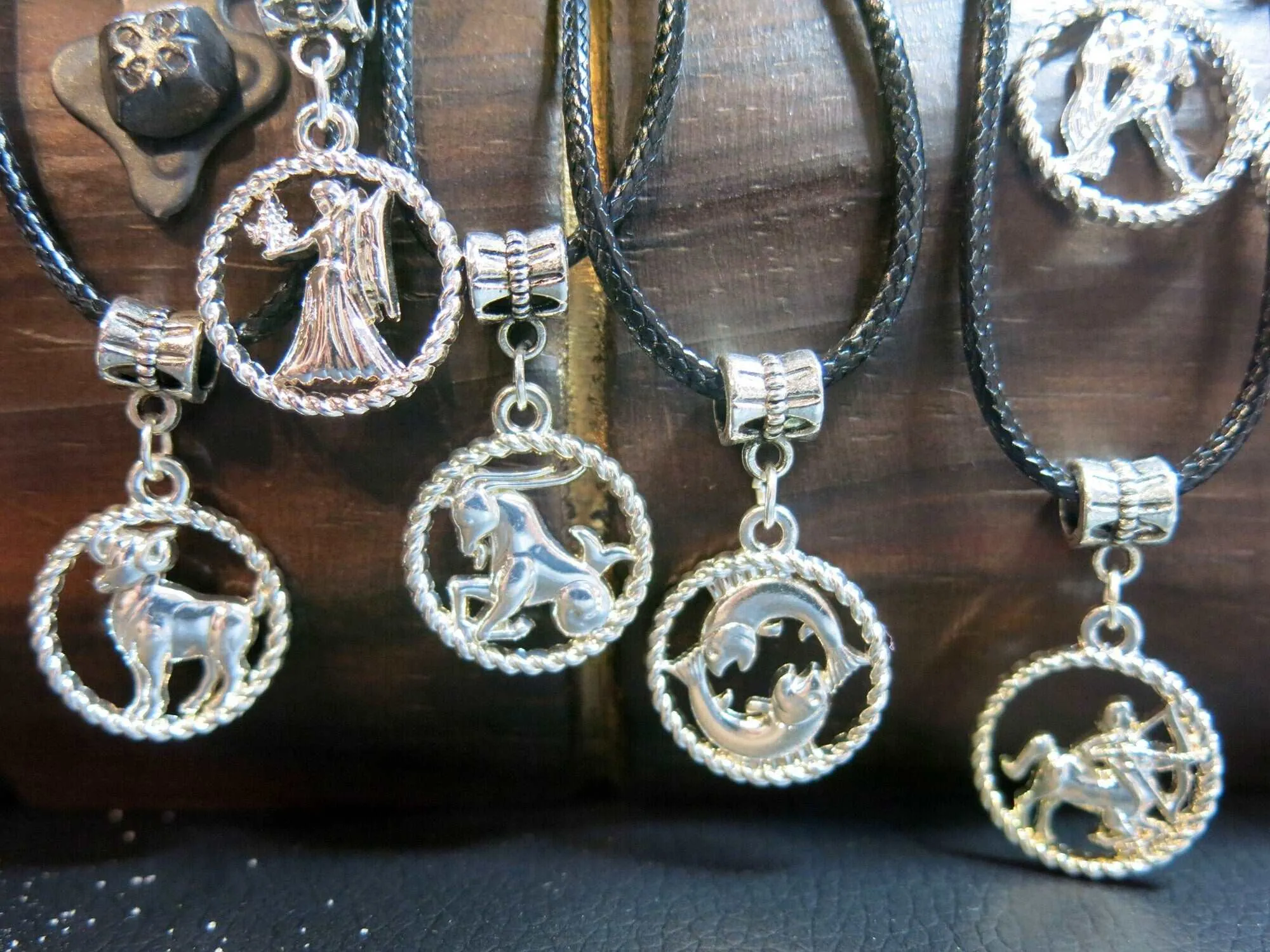 Zodiac Unisex Pendant Necklace, Silver Black Cord Boho Medallion Zodiac Sign Beach Necklace
