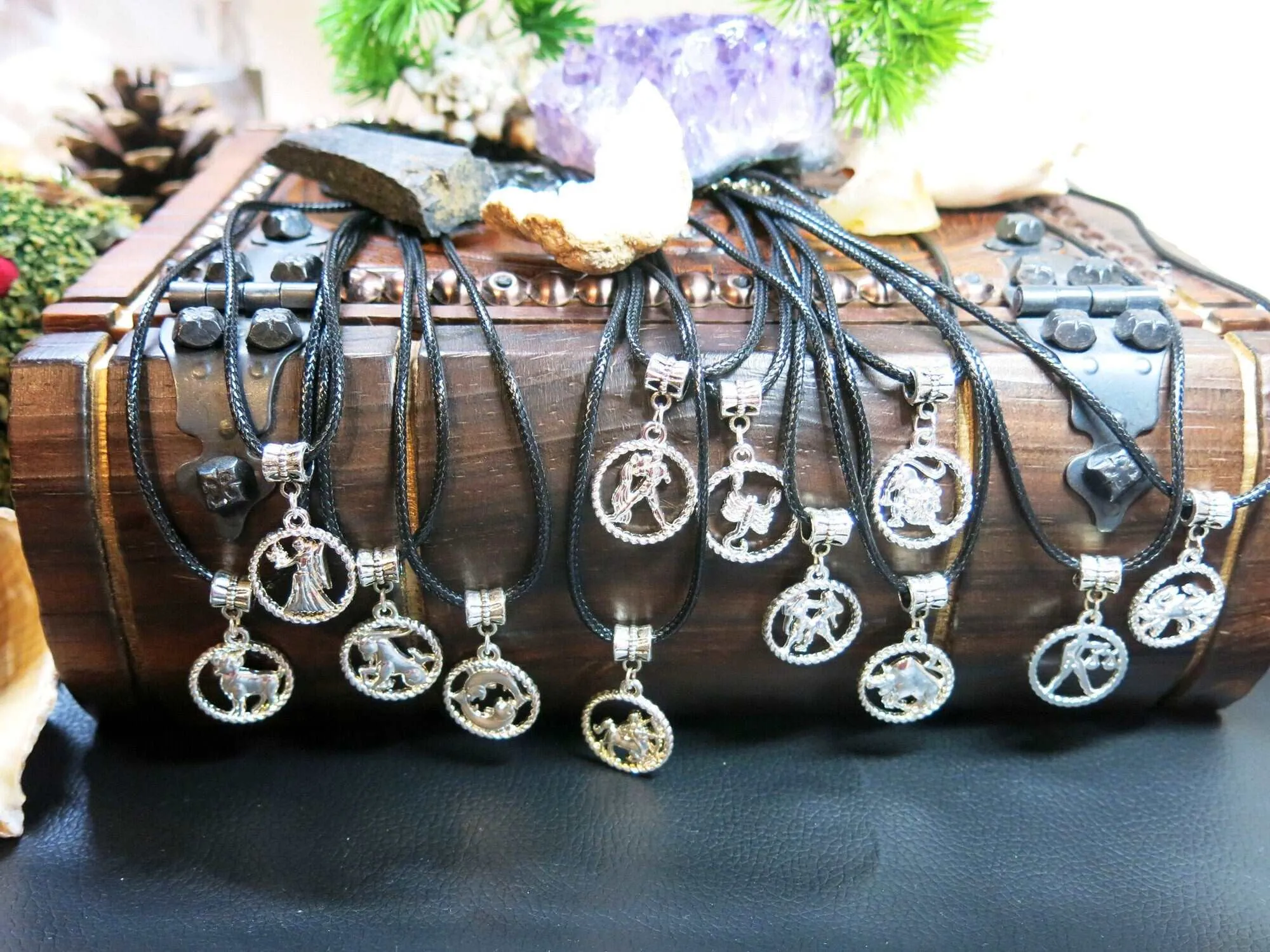 Zodiac Unisex Pendant Necklace, Silver Black Cord Boho Medallion Zodiac Sign Beach Necklace