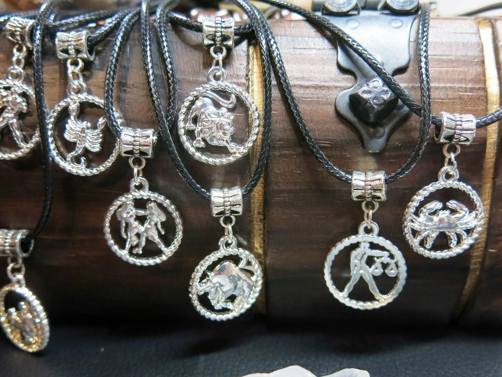 Zodiac Unisex Pendant Necklace, Silver Black Cord Boho Medallion Zodiac Sign Beach Necklace